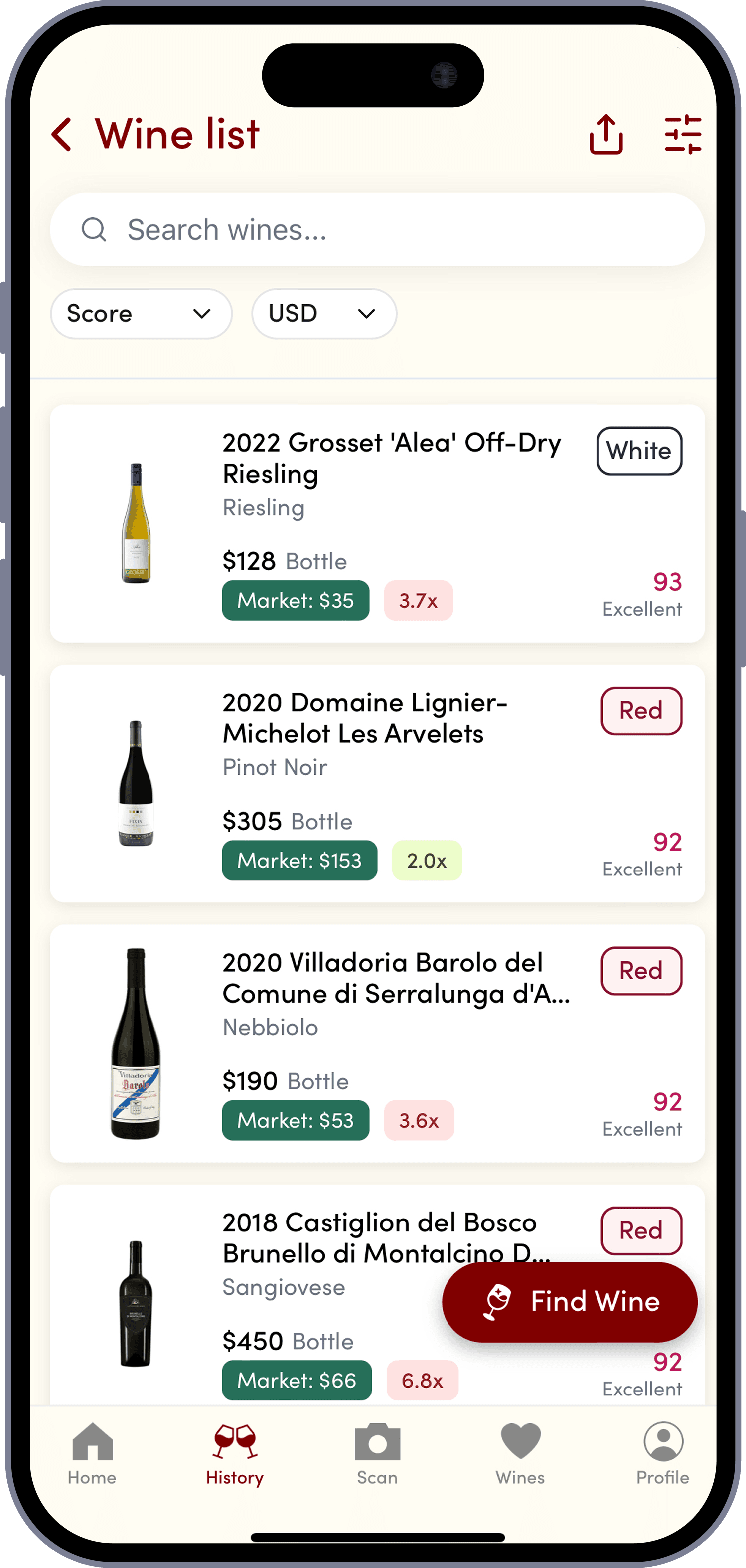WineFind mobile app interface